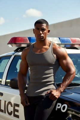 Police officer stands near car