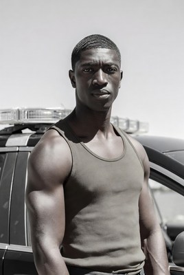 Police officer poses near vehicle