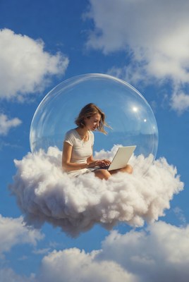 Woman working on laptop in cloud