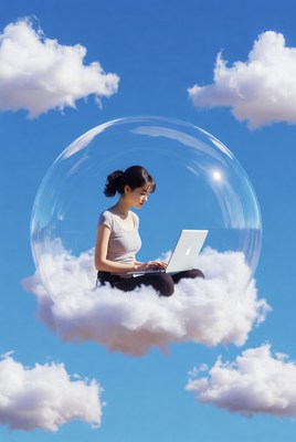 Woman works on laptop in cloud