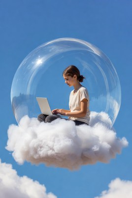 Woman working on laptop in clouds