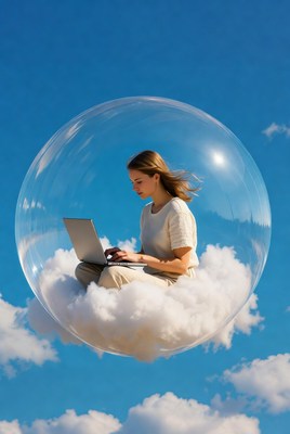 Woman working on laptop in cloud bubble