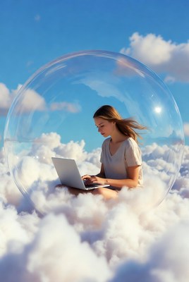 Woman working on laptop in cloud