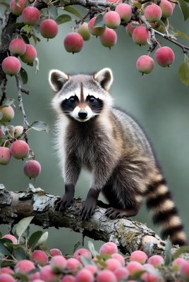 Raccoon in apple tree during autumn