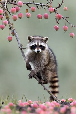 Raccoon in crabapple tree