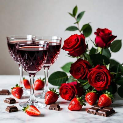 Celebration with wine, strawberries, and roses