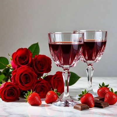 Red roses and drinks on table