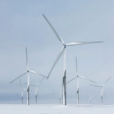 Wind turbines in snowy landscape