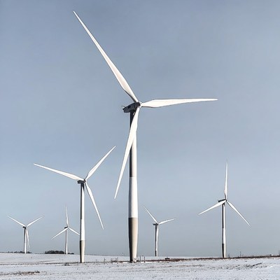 Wind turbines in snowy landscape