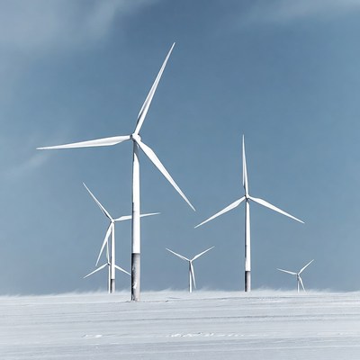 Wind turbines in snowy landscape