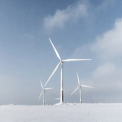 Wind turbines on snowy landscape in winter