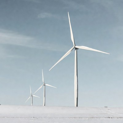 Wind turbines on snowy landscape in winter