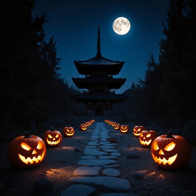 Pumpkins light pathway by temple