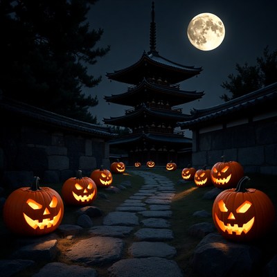 Halloween pumpkins by temple at night