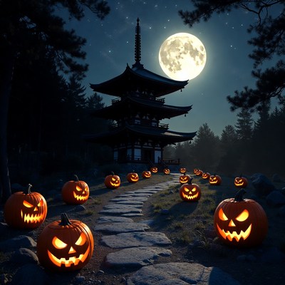 Pumpkins line path to pagoda at night