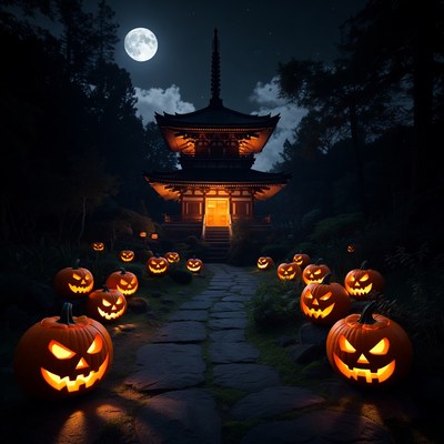 Pumpkins line path to temple at night