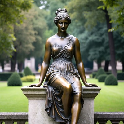 Bronze statue in a garden setting