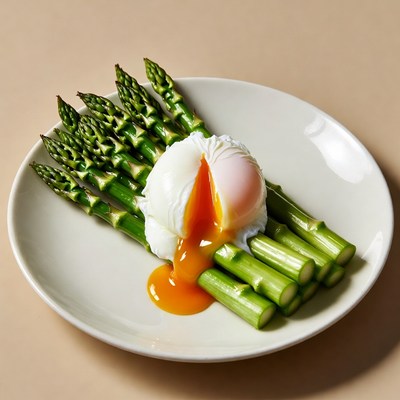 Perfectly cooked poached egg on asparagus