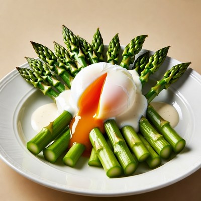Poached egg with asparagus on plate