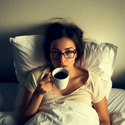 Person drinks coffee in bed at morning
