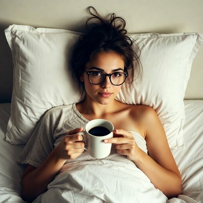 Morning coffee moment in bed
