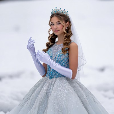 Girl in dress and gloves in winter scene
