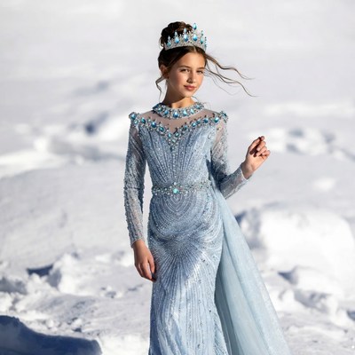 Girl in blue dress in snowy landscape