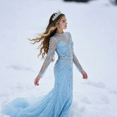 Girl in blue dress walks in snow