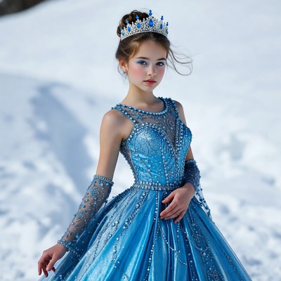 Girl in blue dress outdoors in winter