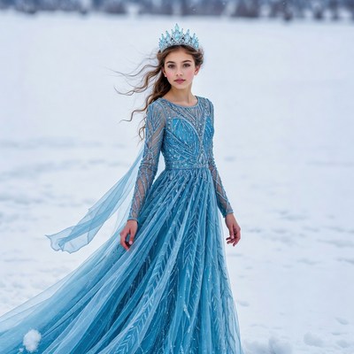 Girl wearing blue dress in snow