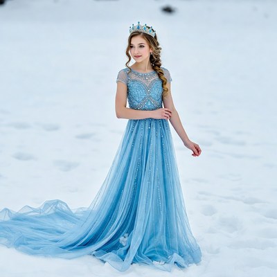 Girl in blue dress on snow
