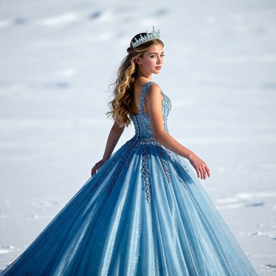 Girl in blue dress on snow