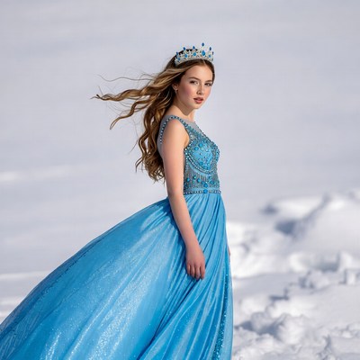 Girl in blue dress in snowy landscape