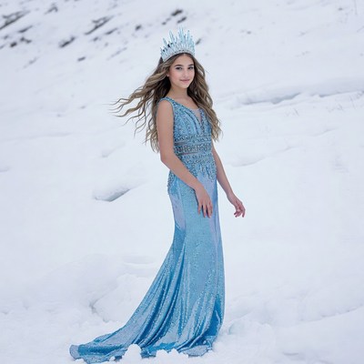 Girl in blue dress on snowy ground