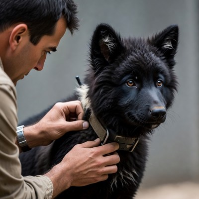 Man adjusts collar on black dog