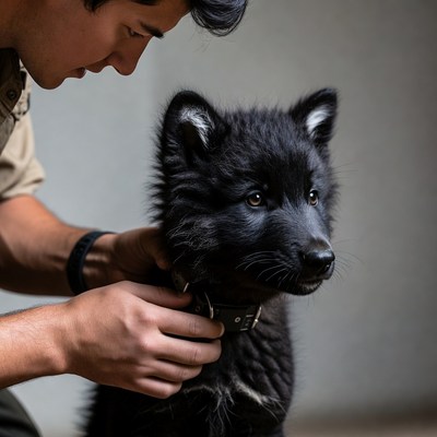 Man puts collar on black puppy