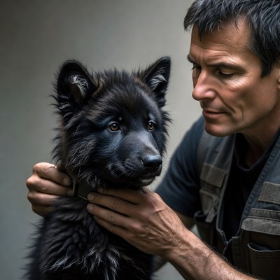 Man interacts with black dog indoors