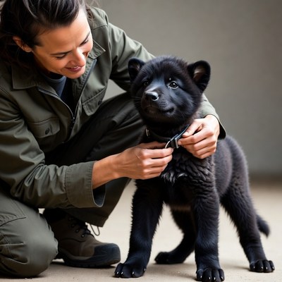 Person interacts with black puppy indoors