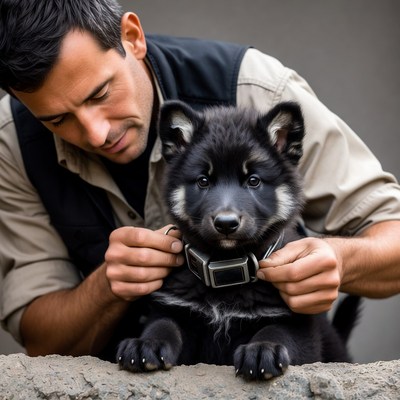 Man puts collar on black dog