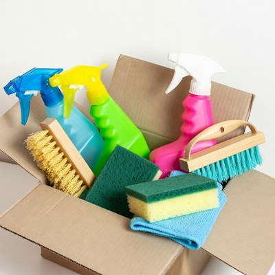Cleaning supplies in cardboard box