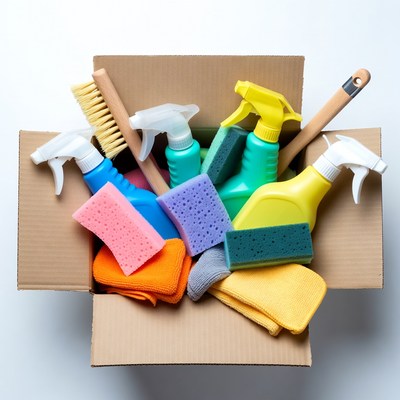 Cleaning supplies in a box