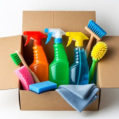 Cleaning supplies in a box