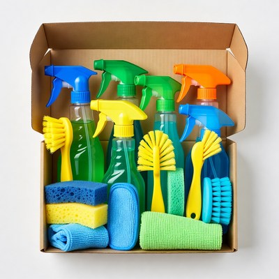 Cleaning supplies in a box