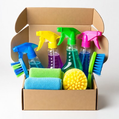 Cleaning supplies in cardboard box
