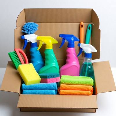 Cleaning supplies in a box