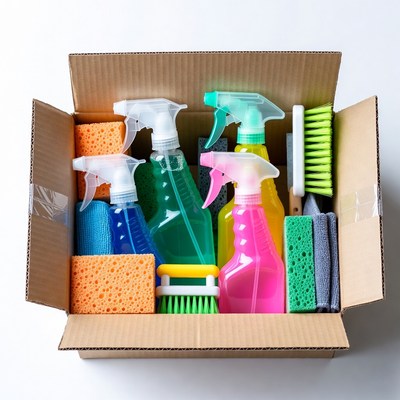 Cleaning supplies packed in box