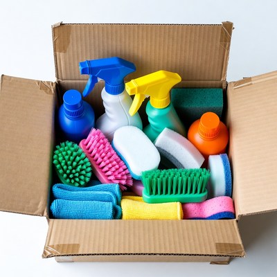 Cleaning supplies in a box