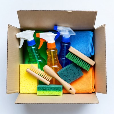 Cleaning supplies in cardboard box
