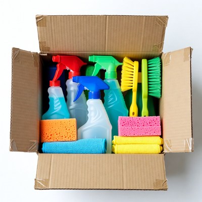 Cleaning supplies in a box