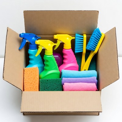 Cleaning supplies in a box